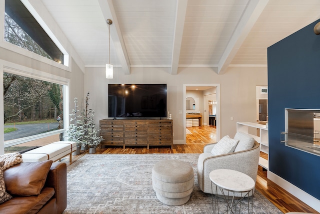 living room with beam ceiling and hardwood / wood-style floors