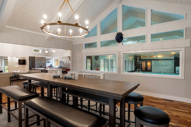 dining area featuring high vaulted ceiling, beam ceiling, hardwood / wood-style floors, and a notable chandelier