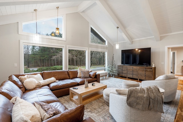 living room featuring beamed ceiling, high vaulted ceiling, and hardwood / wood-style flooring