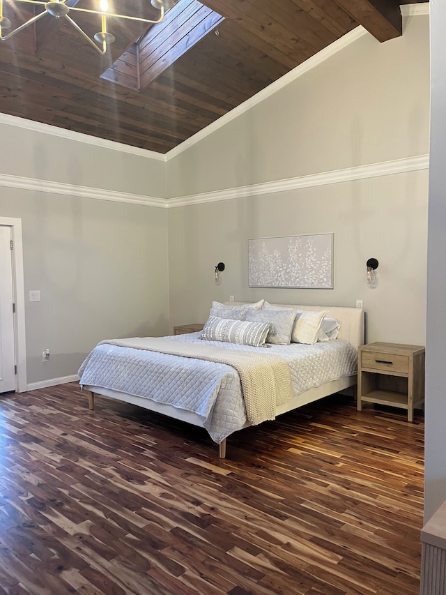 bedroom featuring crown molding, vaulted ceiling with skylight, wooden ceiling, and dark hardwood / wood-style flooring