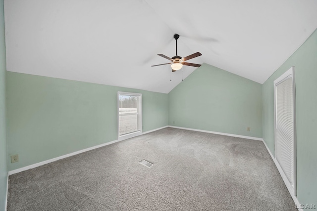 bonus room featuring ceiling fan, carpet floors, and vaulted ceiling