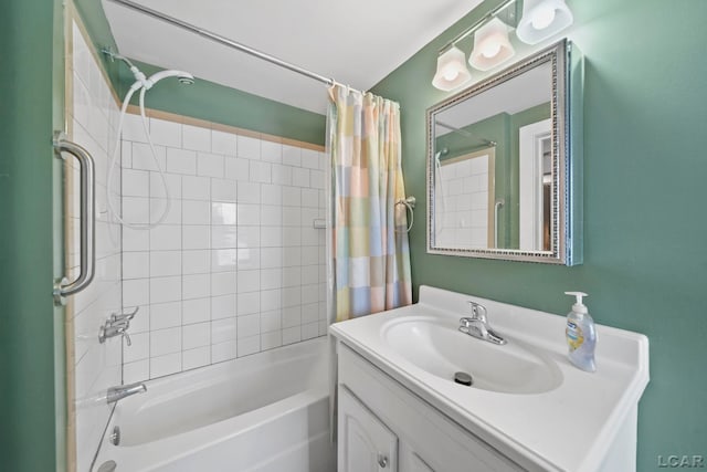 bathroom with vanity and shower / tub combo with curtain