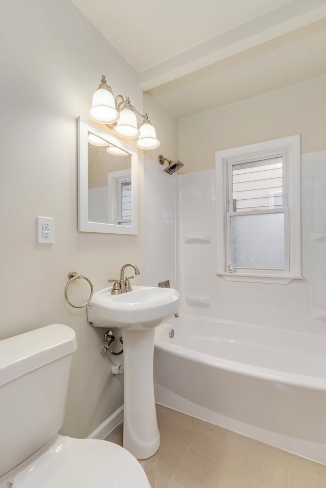 bathroom featuring shower / tub combination, toilet, and tile patterned floors