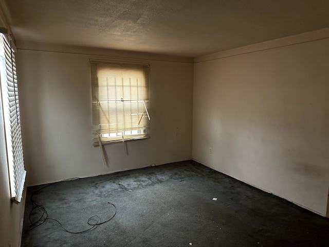 carpeted empty room featuring a textured ceiling