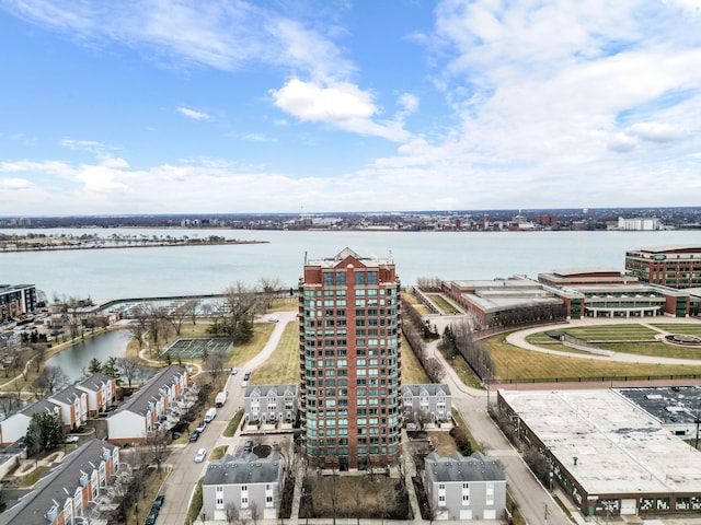 birds eye view of property featuring a water view