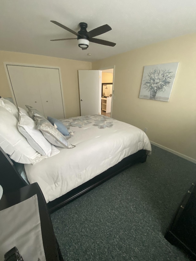 bedroom featuring ceiling fan and a closet