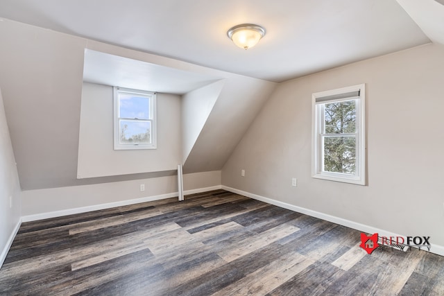 additional living space featuring dark hardwood / wood-style floors and vaulted ceiling