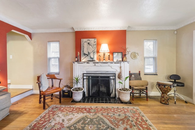 sitting room with a fireplace, wood-type flooring, and crown molding