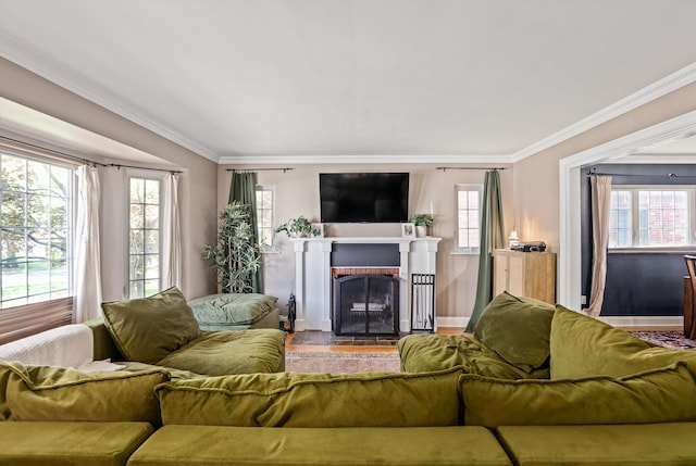 living room featuring crown molding and a fireplace