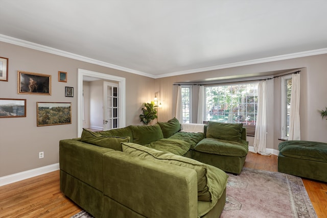 living room with crown molding and light hardwood / wood-style flooring