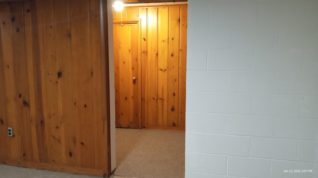 hallway with wooden walls and concrete block wall