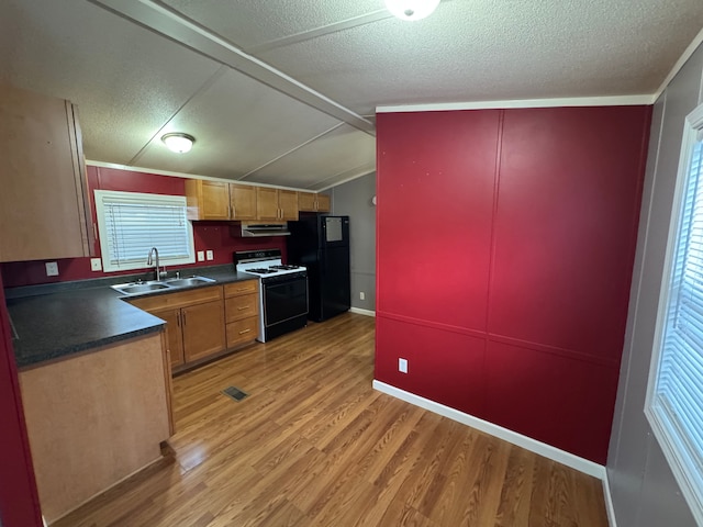 kitchen featuring sink, light hardwood / wood-style flooring, a textured ceiling, black refrigerator, and range with gas stovetop