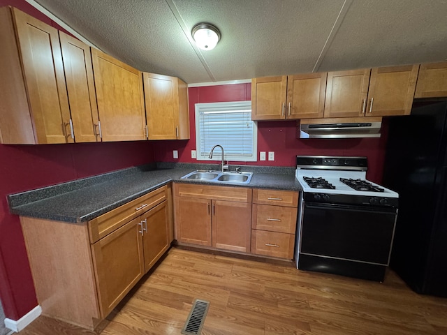 kitchen with extractor fan, sink, black fridge, light hardwood / wood-style flooring, and range with gas stovetop