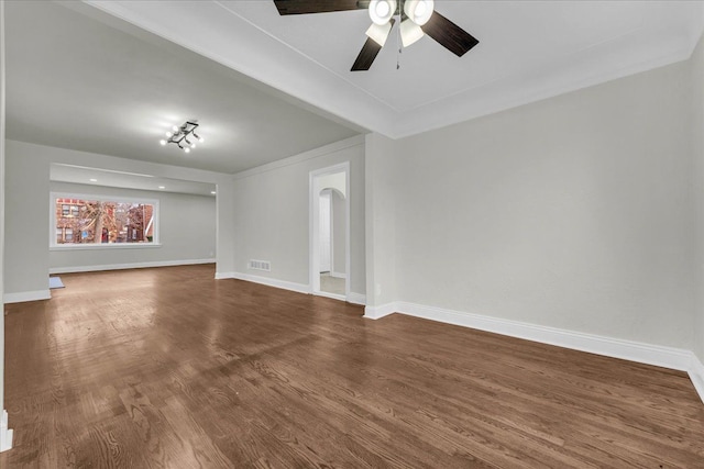 unfurnished living room featuring hardwood / wood-style flooring and ceiling fan