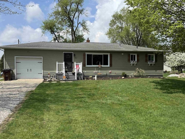 ranch-style home with an attached garage, driveway, a chimney, and a front yard