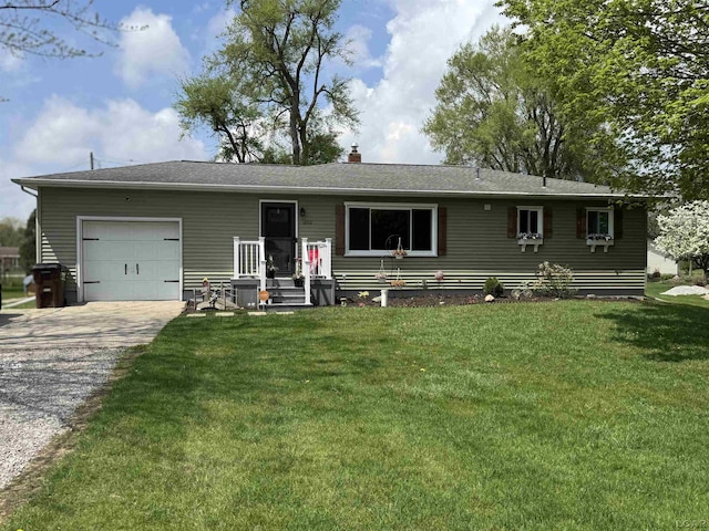 ranch-style house with a garage, a chimney, driveway, and a front lawn