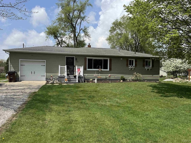 single story home with an attached garage, a front lawn, a chimney, and gravel driveway