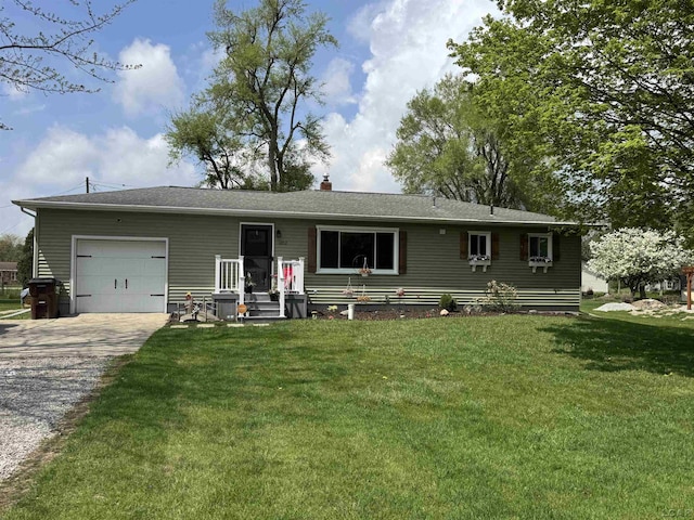 ranch-style house featuring an attached garage, a chimney, a front yard, and gravel driveway