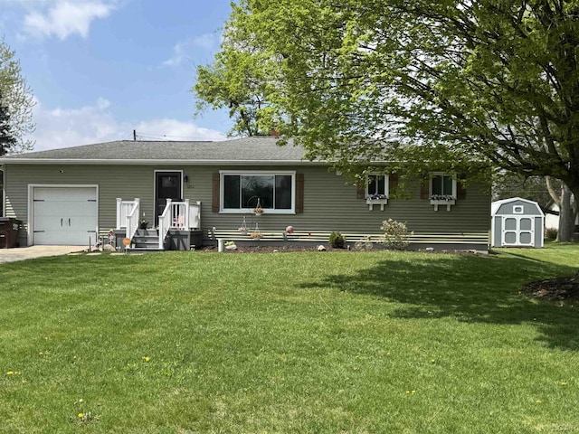 ranch-style home with driveway, an outdoor structure, a front lawn, an attached garage, and a storage unit