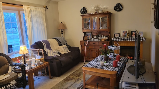 living room with light colored carpet