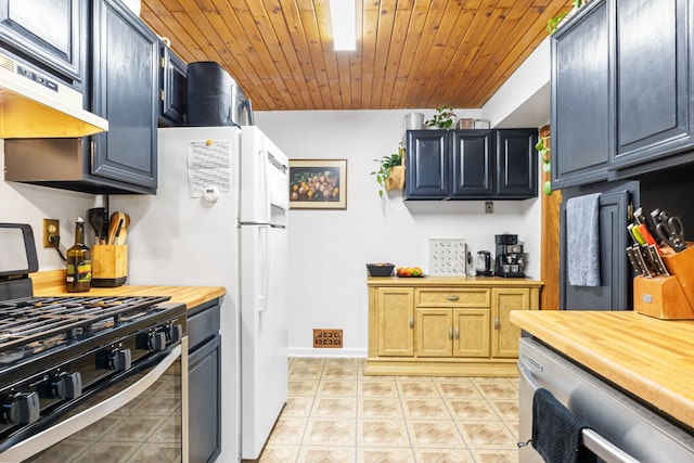 kitchen with wood counters, black range with gas cooktop, wood ceiling, and ventilation hood