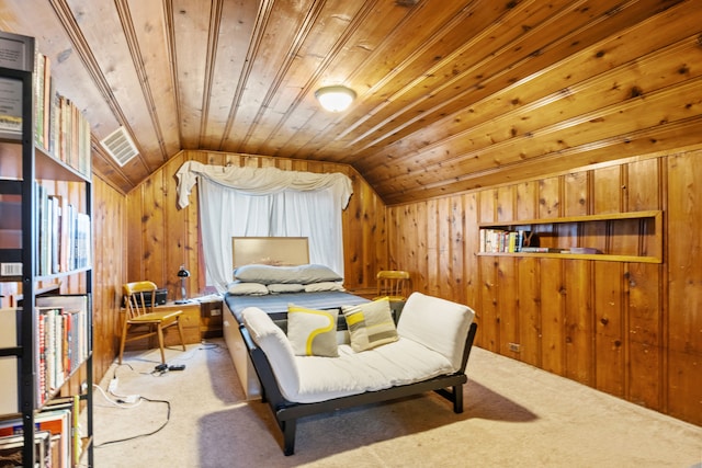 bedroom featuring carpet flooring, lofted ceiling, wooden walls, and wood ceiling