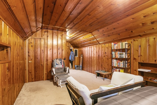 living area featuring wood walls, carpet, wooden ceiling, and lofted ceiling