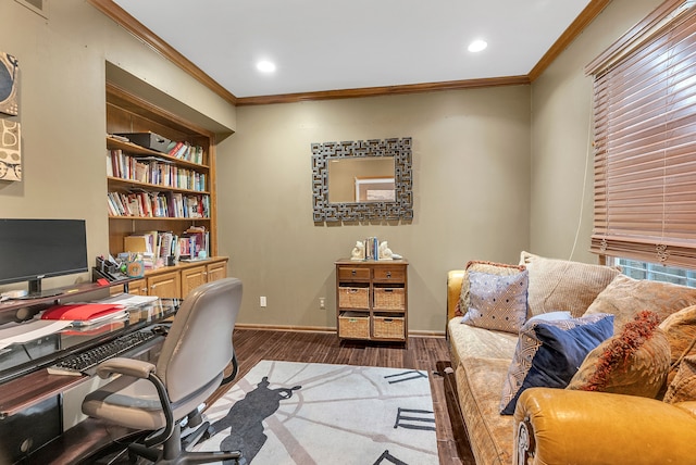 office space with baseboards, ornamental molding, dark wood-style flooring, and recessed lighting