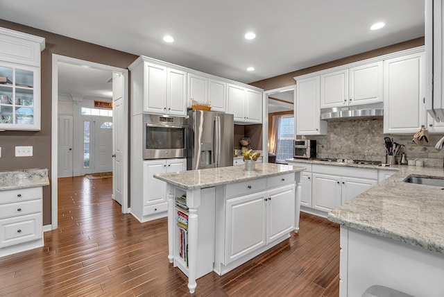 kitchen featuring light stone counters, appliances with stainless steel finishes, white cabinetry, a sink, and under cabinet range hood