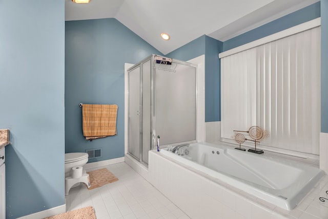 full bath with a garden tub, tile patterned flooring, visible vents, vaulted ceiling, and a shower stall