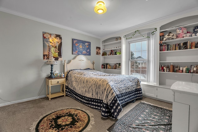 bedroom with baseboards, carpet floors, and crown molding