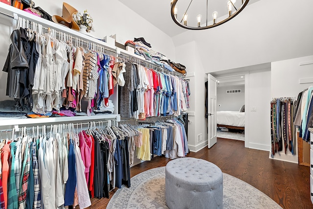 spacious closet featuring dark hardwood / wood-style floors and an inviting chandelier