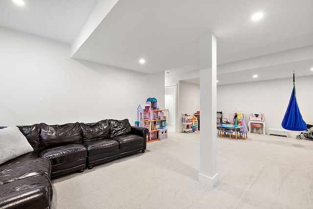 game room with light colored carpet