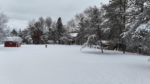 snowy yard featuring an outbuilding