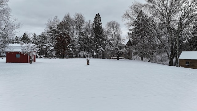 yard layered in snow featuring an outdoor structure