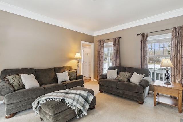 living room featuring light carpet and crown molding