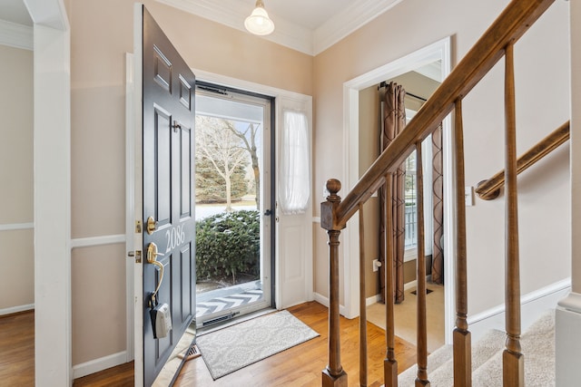 entrance foyer featuring hardwood / wood-style floors and crown molding