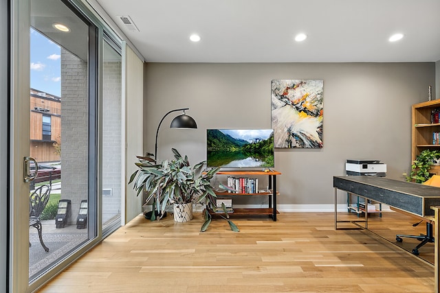 office space featuring light hardwood / wood-style floors and expansive windows