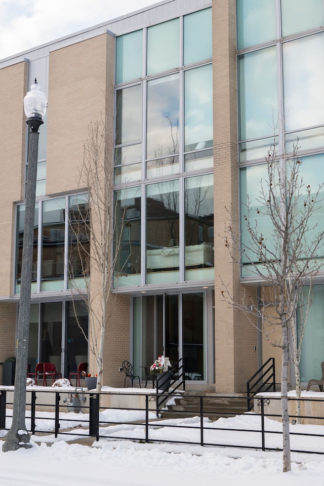 view of snow covered building