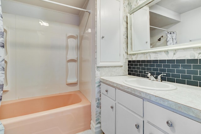 bathroom featuring vanity, backsplash, and shower / bathtub combination with curtain