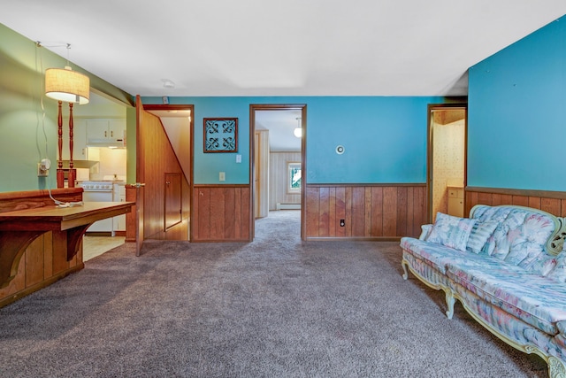 sitting room featuring carpet, a wainscoted wall, wood walls, a barn door, and baseboard heating