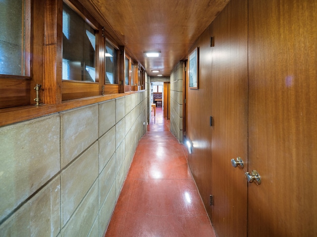 hall with wood walls and wooden ceiling