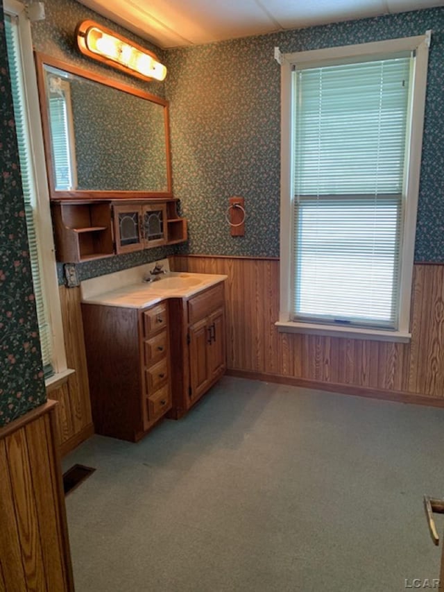 bathroom with wooden walls and vanity