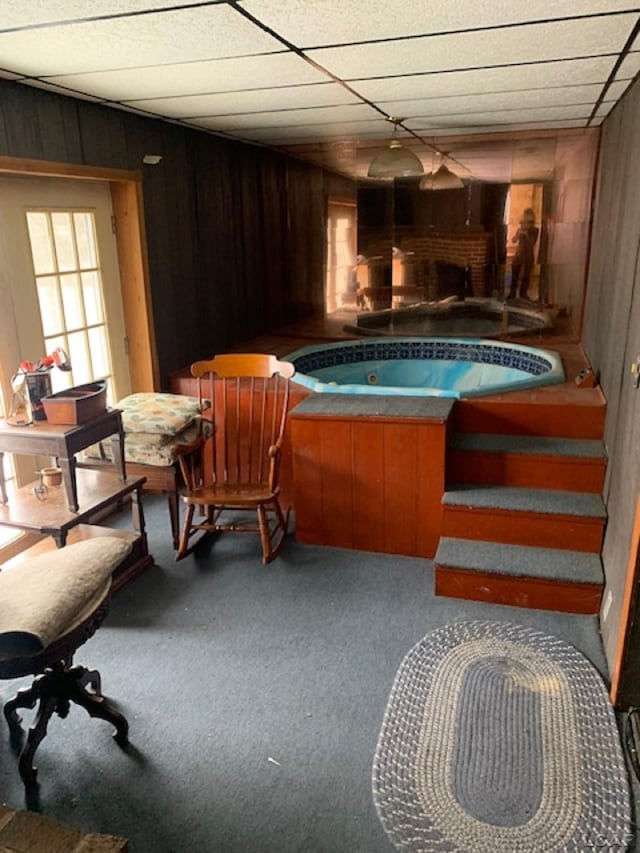 miscellaneous room with carpet floors, a hot tub, and wood walls