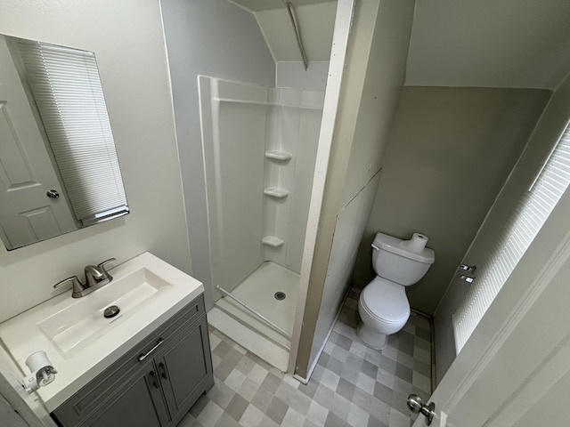 bathroom with a shower, vanity, and toilet