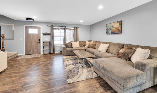 living room with dark hardwood / wood-style floors