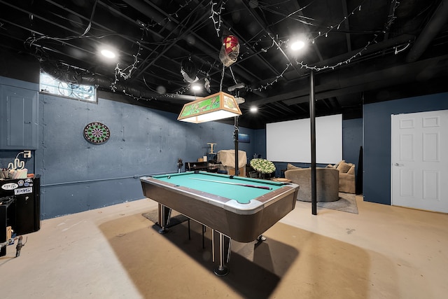 rec room with electric panel and pool table