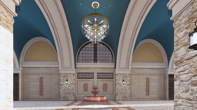 exterior space with a chandelier