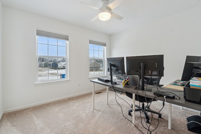 office featuring carpet flooring and ceiling fan