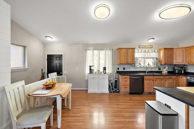 kitchen with decorative backsplash, stainless steel appliances, light hardwood / wood-style floors, and sink